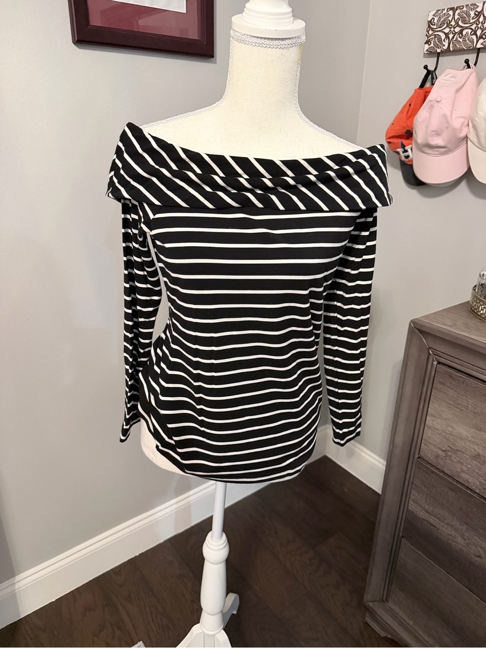 White House Black Market Black and White Striped Top